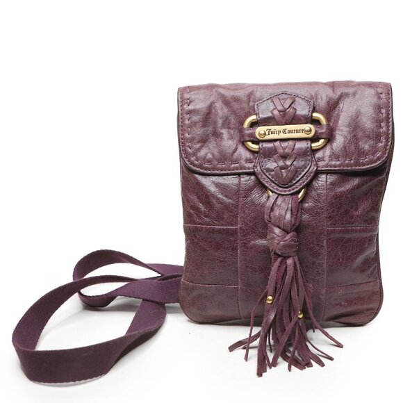 Vintage Y2K Juicy Couture Plum Purple Leather Crossbody Bag Gold Tassel - Picture 1 of 16